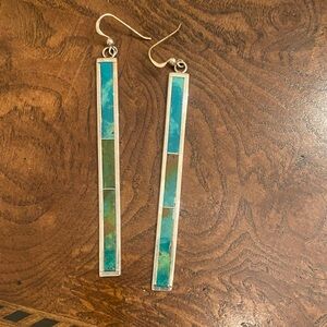Native made. Sterling Silver Turquoise Inlay Bar Drop Earrings - Blue Green